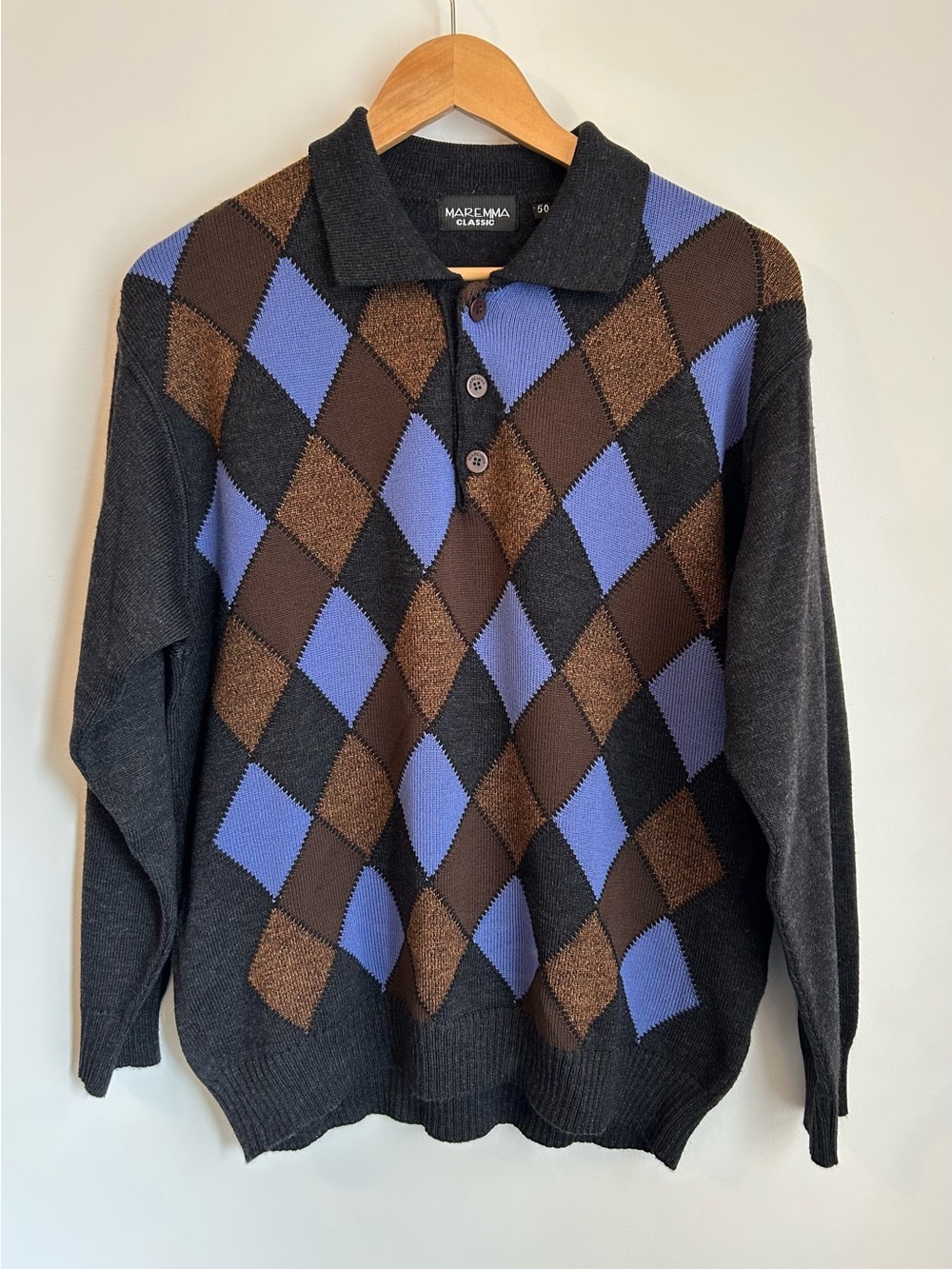 Maremma Classic Men's Argyle Knit Polo Sweater Made in Italy Size 50 Medium M